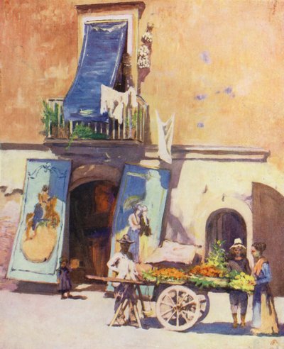 Gatubild, småbåtshamnen, Neapel (färglitografi) av Augustine Fitzgerald