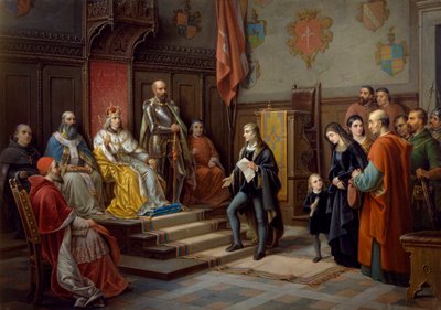 Fredrik III, pressad att marschera mot turkar av Trieste-poeten Raffaele Zovenzoni, målning av Augusto Tominz (1818-1883) av Augusto Tominz