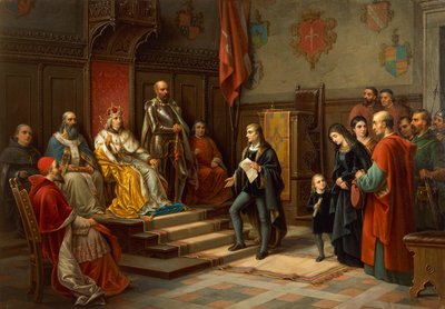 Fredrik III, pressad att marschera mot turkar av Trieste-poeten Raffaele Zovenzoni, av Augusto Tominz (1818-1883) av Augusto Tominz