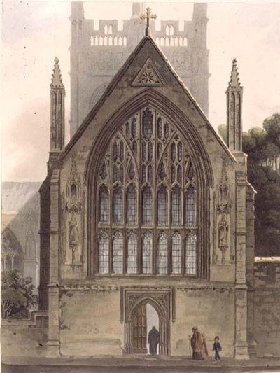 Exteriör av Merton College, vänd mot norra fönstret i Ante-kapellet, illustration från "History of Oxford", graverad av I. Sutherland, pub. av R. Ackermann av Augustus Charles (after) Pugin