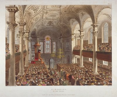 Interiör av Church of St Martin-in-the-Fields, Westminster, London, 1809 av Augustus Charles Pugin, Thomas Rowlandson