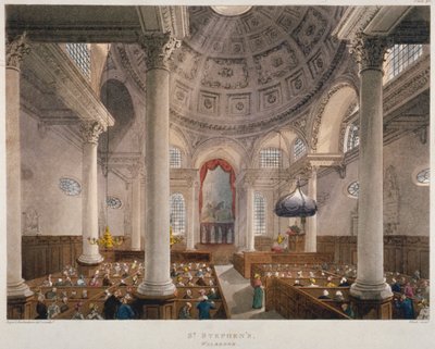 Interiör av Church of St Stephen Walbrook under en gudstjänst, City of London, 1809 av Augustus Charles Pugin, Thomas Rowlandson