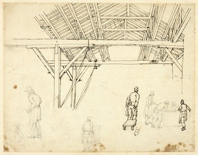 Rejected Study, möjligen för en illustration av Custom House, från Microcosm of London (recto); Skisser av arbetare med tunnor (verso) av Augustus Charles Pugin