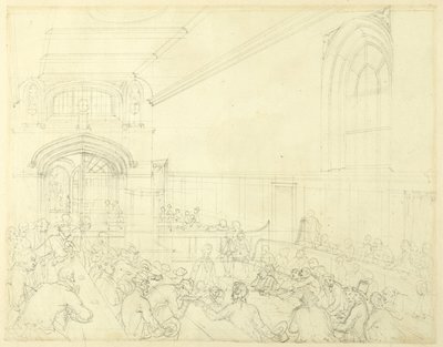 Studie för Guild Hall, Examination of a Bankrupt Before His Borgenärer, från Microcosm of London av Augustus Charles Pugin