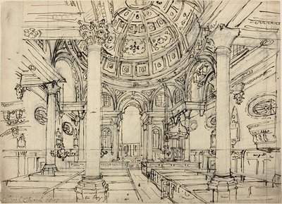 Studie för Walbrook Church (recto); Skisser av segelbåtar, män och jollar (verso) av Augustus Charles Pugin
