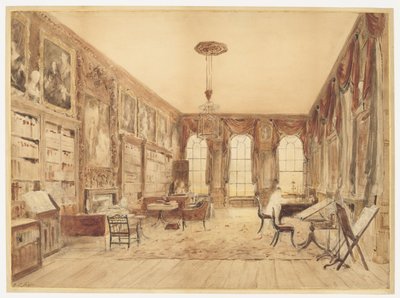 Interiören av biblioteket i Cassiobury av Augustus Charles Pugin