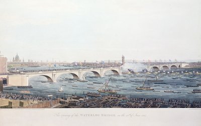 Öppnandet av Waterloo-bron den 18 juni 1817, etsat av A. Pugin efter en teckning av W. Findlater, graverad av R. Havell und Son, 1818 (färgstick) av Augustus Charles Pugin