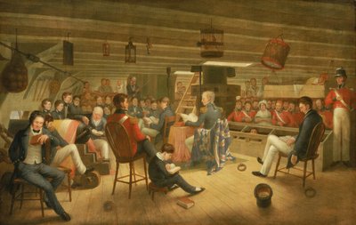 Gudstjänst som den brukar utföras ombord på en brittisk fregatt till havs av Augustus Earle