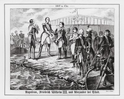 Möte mellan Napoleon, kung Fredrik Vilhelm III av Preussen och tsar Alexander I av Ryssland i Tilsit av Augustus J. Beck