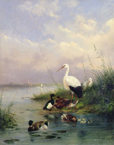 En familj av gräsand, två storkar och en familj av tofsänder (par 77886) av Augustus Knip