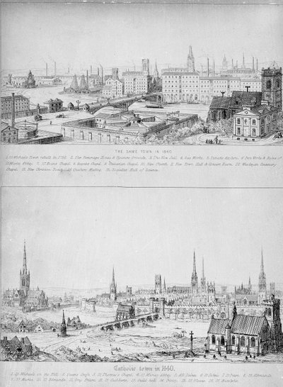 Katolsk stad 1440 och samma stad 1840 av Augustus Welby Northmore Pugin