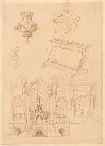 Design för gotisk utsmyckning, en knästående och två skisser av interiören i gotiska kyrkor av Augustus Welby Northmore Pugin
