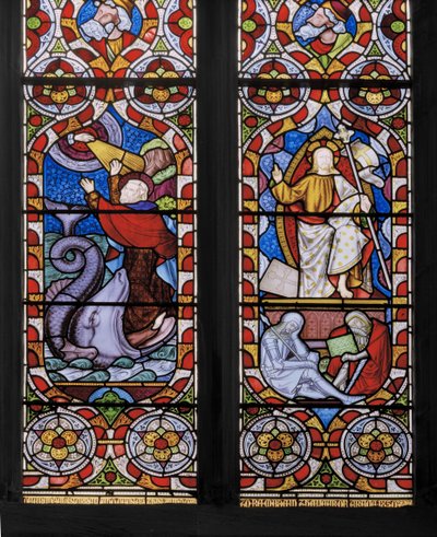Typer och antityper: Jonah and the Whale, and the Risen Christ, detalj, 1850 (målat glas) av Augustus Welby Northmore Pugin