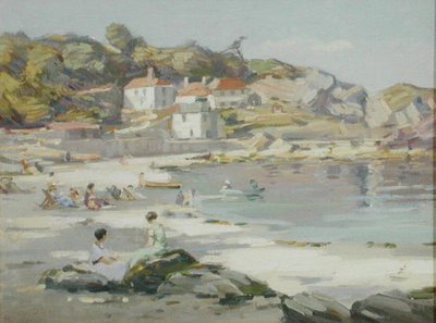 A Cornish Beach (olja på panel) av Augustus William Enness