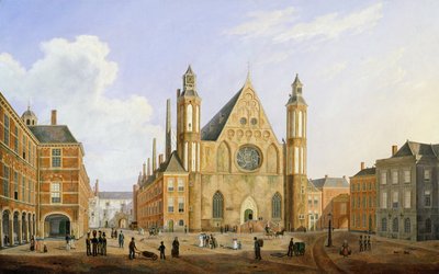 Binnenhof i Haag med utsikt över Ridderzaal med soldater och andra figurer på innergården av Augustus Wynantz