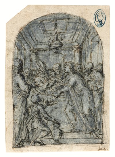 Presentationen i templet (krita med penna och bläck, lavering och vit förhöjning på papper) av Aurelio (attr. to) Luini