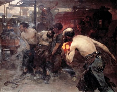 "Arbetsolycka" En arbetare i en fabrik skadas av en av maskinerna och transporteras av sina kollegor (målning) av Aurelio Arteta Errasti