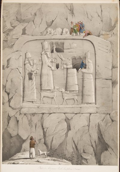 Assyrisk klippskulptur (bayersk), från Monuments of Nineveh, pub. 1849 (gravyr) av Austen Henry Layard