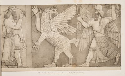 Basreliefer vid en ingång till ett litet tempel (Nimroud), från Monuments of Nineveh, pub. 1849 av Austen Henry Layard