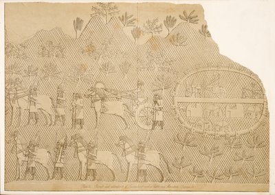 Vagn och skötare av Sanherib och ett slott på ett berg (Kouyunjik), från Monuments of Nineveh, pub. 1849 av Austen Henry Layard