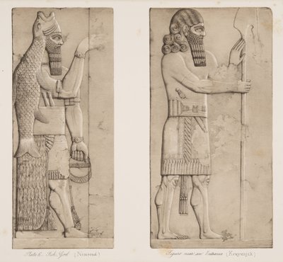 Fish God (Nimroud) och figur nära en entré (Kouyunjik), från Monuments of Nineveh, pub. 1849 av Austen Henry Layard