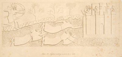 Flyktingar som korsar en flod till ett slott, från Monuments of Nineveh, pub. 1849 av Austen Henry Layard