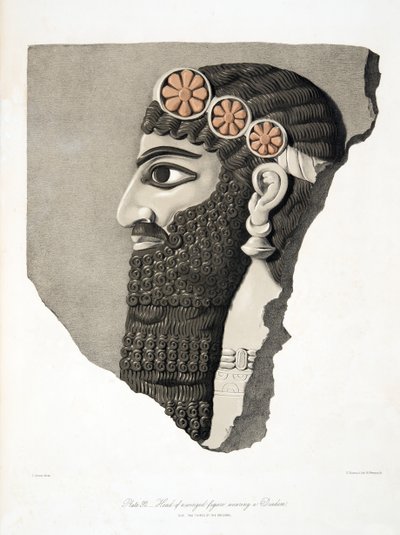 Chef för en bevingad figur som bär ett diadem, från Monuments of Nineveh, pub. 1849 av Austen Henry Layard