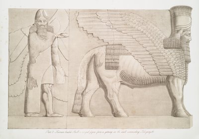 Tjur med människohuvud och bevingad figur från en port i muren som omger Kouyunjik [Quyunjik], 1853 av Austen Henry Layard