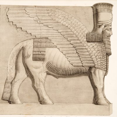 Människoledd tjur och bevingad figur från en port i muren som omger Kouyunjik, från Monuments of Nineveh, pub. 1849 av Austen Henry Layard