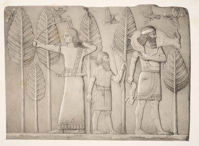 Jägare med gasell, hare och fåglar (Khorsabad), från Monuments of Nineveh, pub. 1849 av Austen Henry Layard