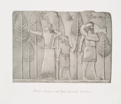 Jägare med gasell, hare och fåglar (Khorsabad) av Austen Henry Layard