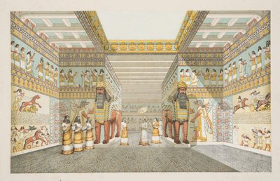 Rekonstruktion av salen i ett assyriskt palats, från Monuments of Nineveh, pub. 1849 (handfärgad gravyr) av Austen Henry Layard