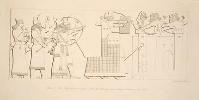 Kungen före ett belägrat slott, väduren som bryter mot väggarna, från Monuments of Nineveh, pub. 1849 av Austen Henry Layard