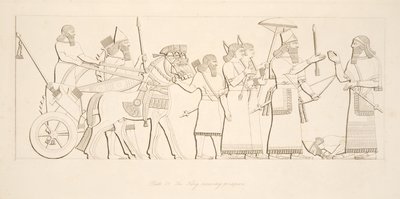 Kungen tar emot fångar, från Monuments of Nineveh, pub. 1849 av Austen Henry Layard