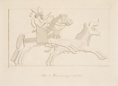 Krigare som jagar en vild tjur, från Monuments of Nineveh, pub. 1849 av Austen Henry Layard