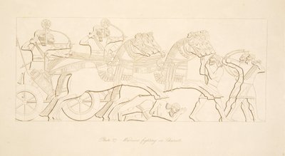 Krigare som slåss i vagnar, från Monuments of Nineveh, pub. 1849 av Austen Henry Layard
