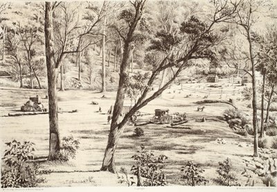 Free Selectors Hut, från The History of Australasia av David Blair, McGrady, Thomson och Niven, 1879 av Australian School
