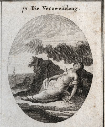 Allegory of Desperation skildrar en dolk i bröstet och en gren av cypers i handen (träd som en gång prydde gravarna). Breeze compas är emblemet för tankestörningen. Gravyr i "" Iconologie oder Ideen aus dem Gebiete der Leidenschaft av Austrian School