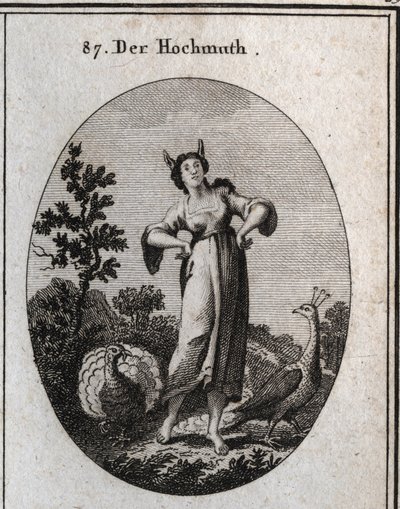 Allegori om arrogans. Hans åsneöron markerar okunnighet och hans hållning anger hans stolthet. Påfågeln är en symbol för stolthet och kalkonen som gör hjulet är en dumhet. Gravyr i "" Iconologie oder Ideen aus dem Gebiete der Leidenschaften und All av Austrian School