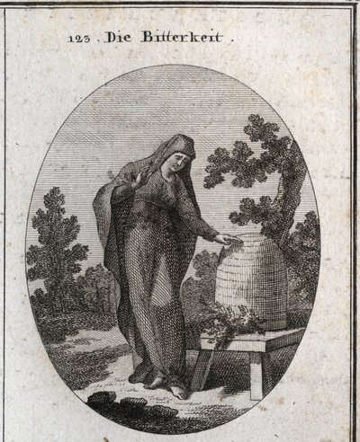 Allegori om bitterhet. Hon ser sorgset på en absyntväxt som grott i en honungskupa. Gravyr i "" ikonologi eller idéer från området passioner och allegorier avbildade för ritare, målare, poeter, forskare, pedagoger och f. av Austrian School