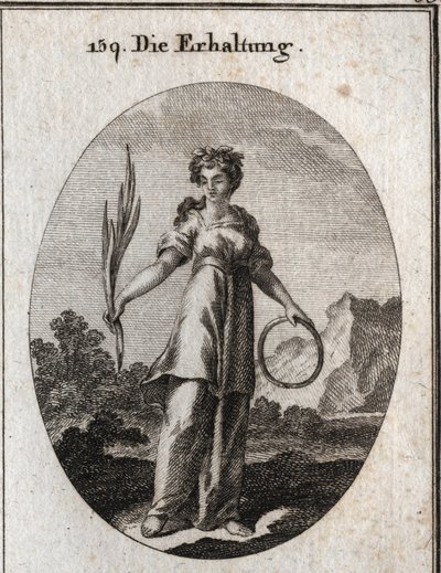 Allegori om bevarande. Cedergrenen är oförstörbar men är också emblemet för bevarandet och kretsen för tronföljden. Hon bär en krona av aromatiska växter som användes av egyptierna för att bevara de döda. Gravyr i "" Icono av Austrian School
