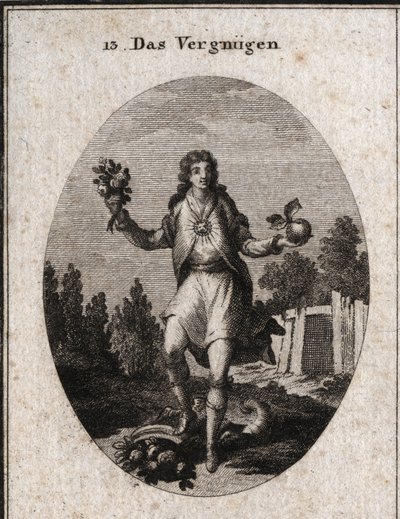 Allegori om belåtenhet representerad av en ung man som håller ett gyllene äpple med ena handen och en bukett blommor på den andra. De visar att allt som omger honom deltar i hans glädje, som symboliseras av rubinen som strålar på hans bröst. Dess av Austrian School