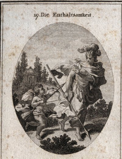 Allegori om kontinens, heroisk dygd representerad som en krigare med en hjälm och ett spjut vänt mot jorden. Hon undviker att bekämpa passioner (representerade av kärlek) och försvarar sig från deras egenskaper för att bevara sin kyskhet. Gravyr i "" Icono av Austrian School