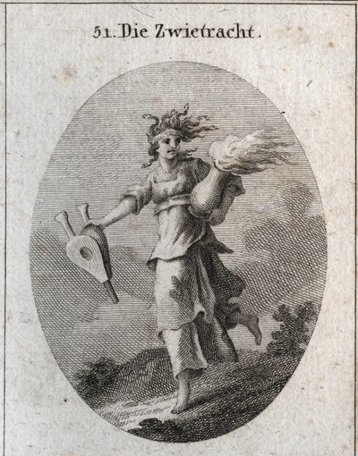 Allegory of Discord. Hennes hår är format av huggormar och pannan är ett blodigt bandage. En bälg i ena handen och i den andra en vas med eld. Gravyr i "" ikonologi eller idéer från området passioner och allegorier avbildade för Z av Austrian School
