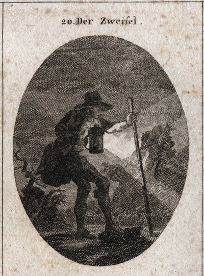 Allegori om tvivel representerad av en ung man som går genom mörkret med en lykta och en båt som han hjälper till att hitta genom flera stigar fyllda med stenar. Gravyr i "" Iconologie oder Ideen aus dem Gebiete der Leidenschaften und Allegor av Austrian School