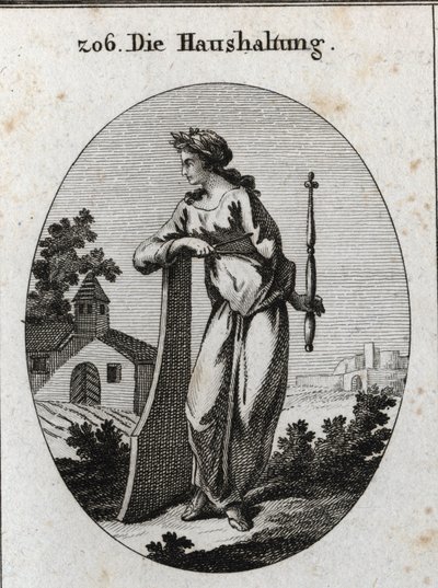 Allegori om ekonomi. Den är krönt med en olivkvist som symboliserar fred. Den lutar sig mot ett roder och håller en spira och kompas, maktemblem och den exakta regeringen. Gravyr i "" Iconologie oder Ideen aus dem Gebiete der Leidenschaften und Allego av Austrian School