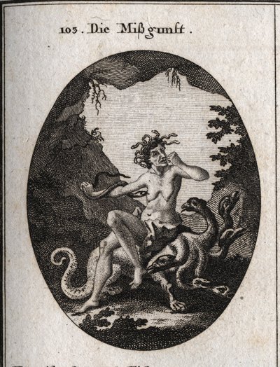 Allegori om avundsjuka i form av en mycket ful gammal kvinna. I raseri biter hon sig i näven och en orm försöker bita hennes hjärta. Hon sitter på en hydra, ett monster som ser ut som hon. Gravyr i "" Iconologie oder Ideen aus dem Gebiete der Leidenschafte av Austrian School