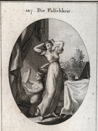 Allegori om falskhet. Hennes emblem är en siren som tittar på sig själv i en spegel. Gravyr i "" ikonologi eller idéer från området passioner och allegorier avbildade för tecknare, målare, poeter, forskare, lärare och vänner till Higher G av Austrian School