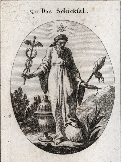 Allegori över ödet. En stjärna ovanför den eoects rapporter om astrologi om incidenter av mänskligt liv. Han håller med ena handen en lövfällande symbol för sin makt och å den andra en cattailsymbol och en fiuseau vars trasiga tråd indikerar livets bräckli av Austrian School