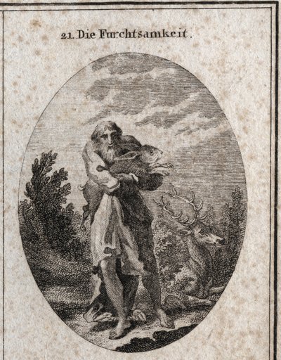 Allegori om rädsla i skepnad av en gammal man med fötter vingar som bidrar till att fly. Dess egenskaper är hare och rådjur. Gravyr i "" ikonologi eller idéer från området passioner och allegorier avbildade för ritare, målare, poeter, ge av Austrian School